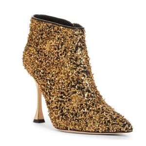 Manolo Blahnik Pluta Golden Speck Metallic-Stiletto Booties